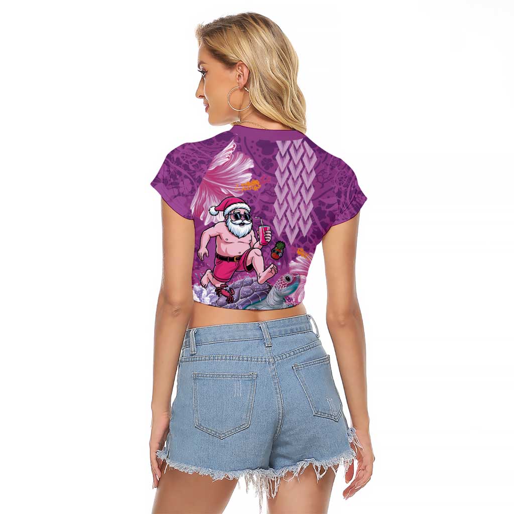 Hawaii Mele Kalikimaka Raglan Cropped T Shirt Funny Santa with Tribal Tattoos Kakau Purple Color - Polynesian Pride