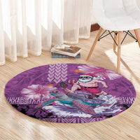 Hawaii Mele Kalikimaka Round Carpet Funny Santa with Tribal Tattoos Kakau Purple Color - Polynesian Pride