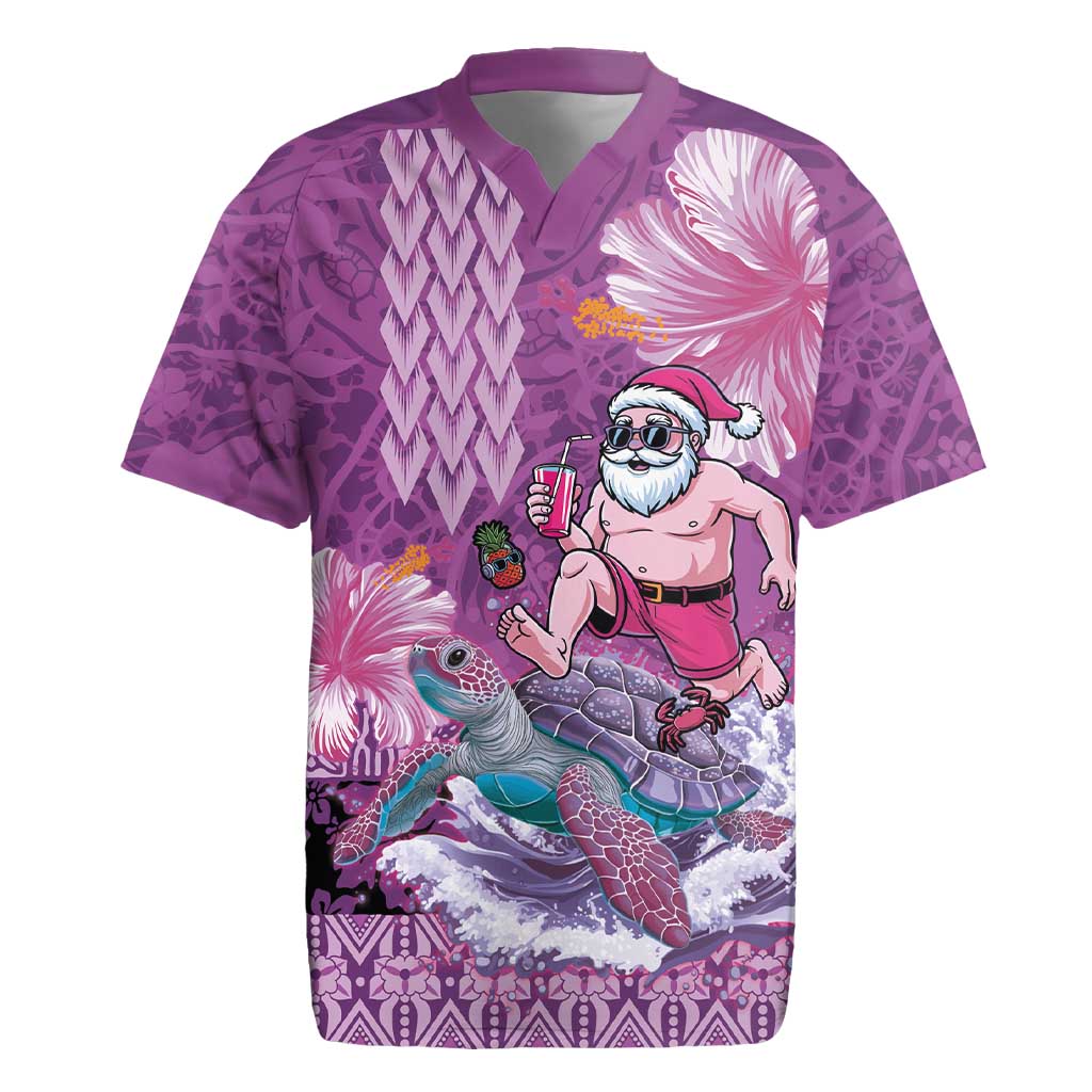 Hawaii Mele Kalikimaka Rugby Jersey Funny Santa with Tribal Tattoos Kakau Purple Color - Polynesian Pride