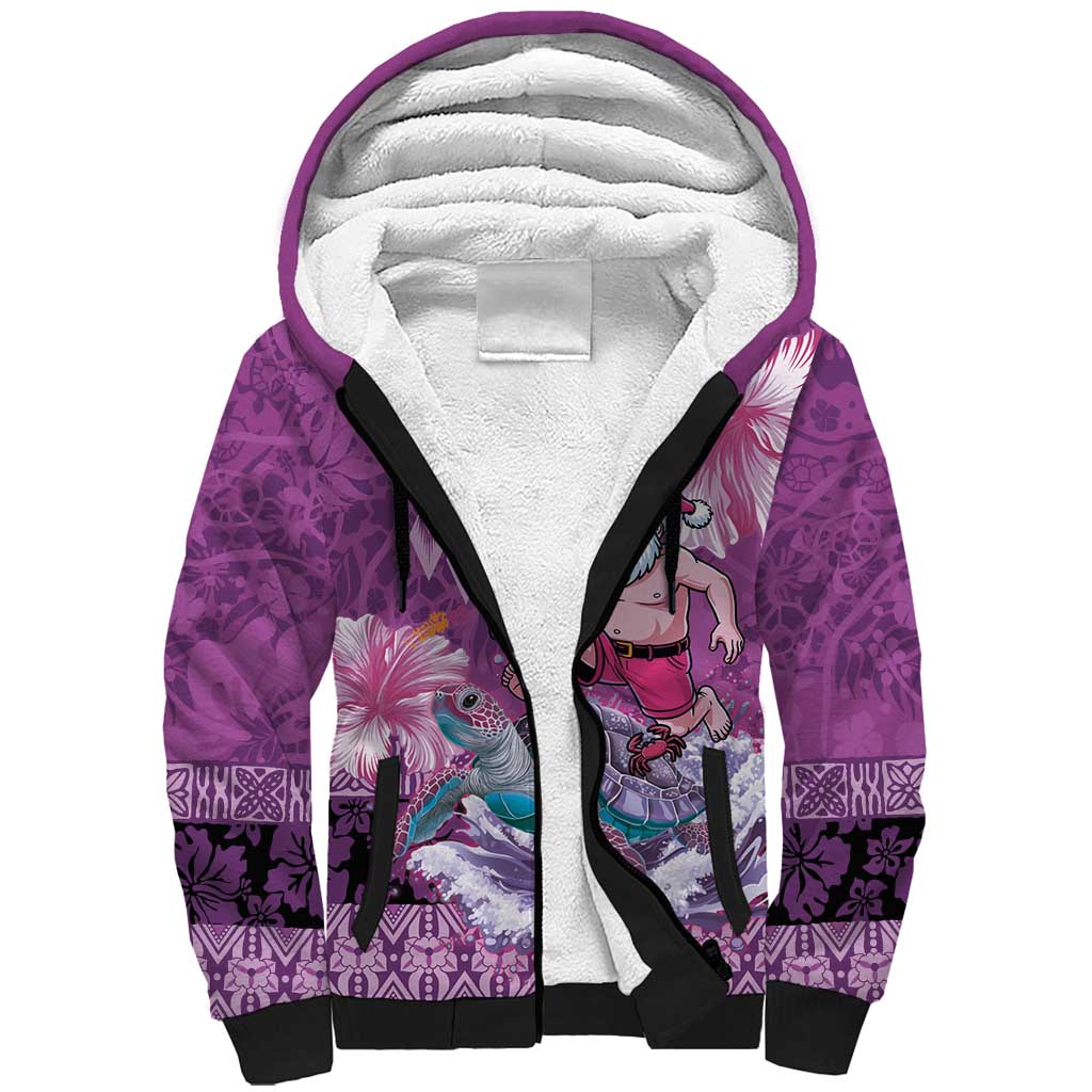 Hawaii Mele Kalikimaka Sherpa Hoodie Funny Santa with Tribal Tattoos Kakau Purple Color - Polynesian Pride