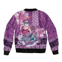 Hawaii Mele Kalikimaka Sleeve Zip Bomber Jacket Funny Santa with Tribal Tattoos Kakau Purple Color - Polynesian Pride