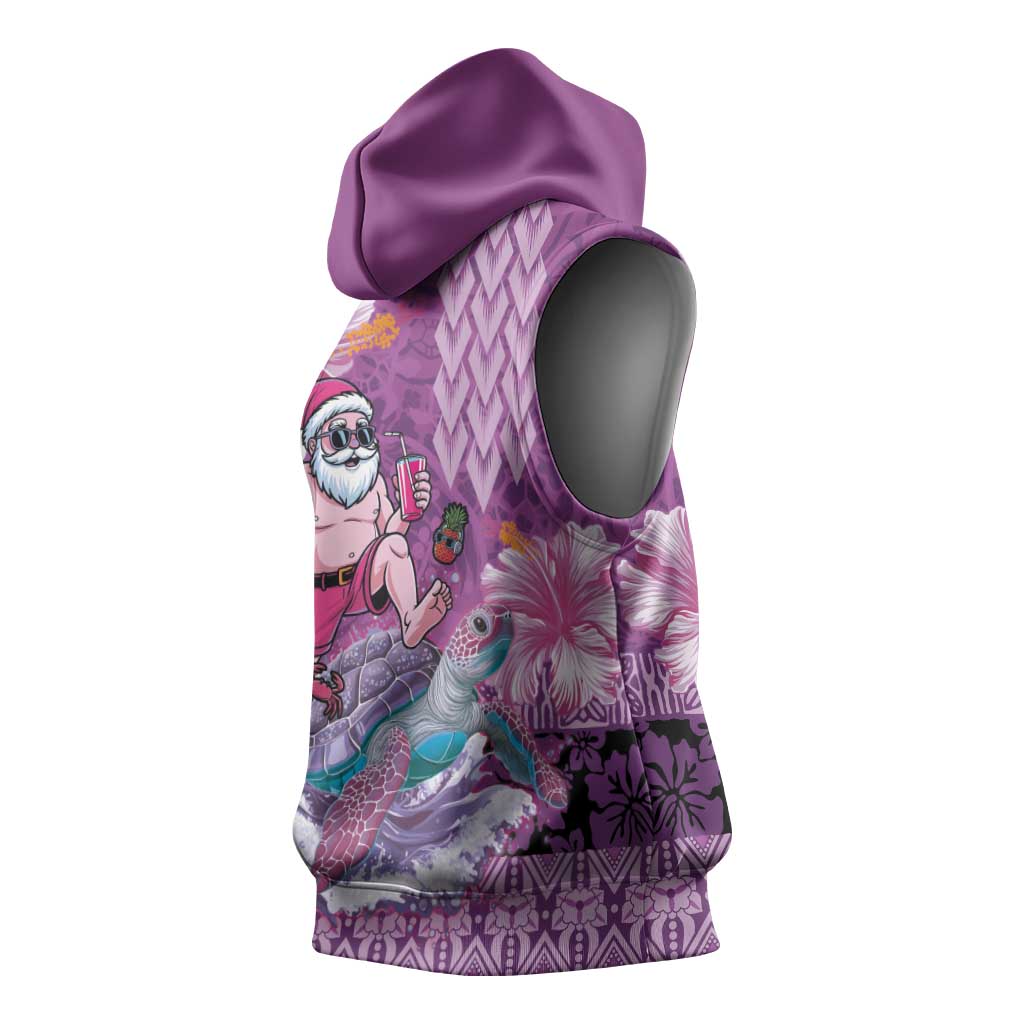 Hawaii Mele Kalikimaka Sleeveless Hoodie Funny Santa with Tribal Tattoos Kakau Purple Color - Polynesian Pride