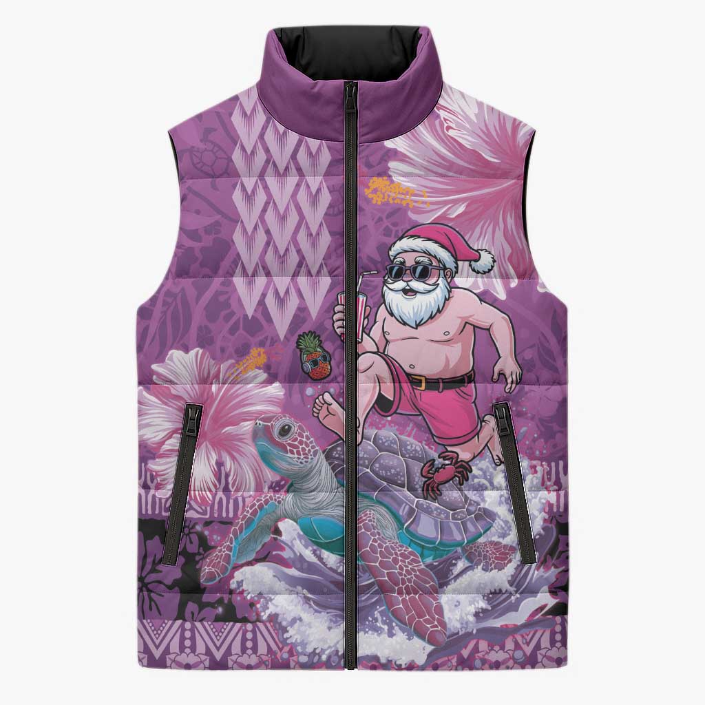 Hawaii Mele Kalikimaka Sleeveless Puffer Jacket Funny Santa with Tribal Tattoos Kakau Purple Color - Polynesian Pride