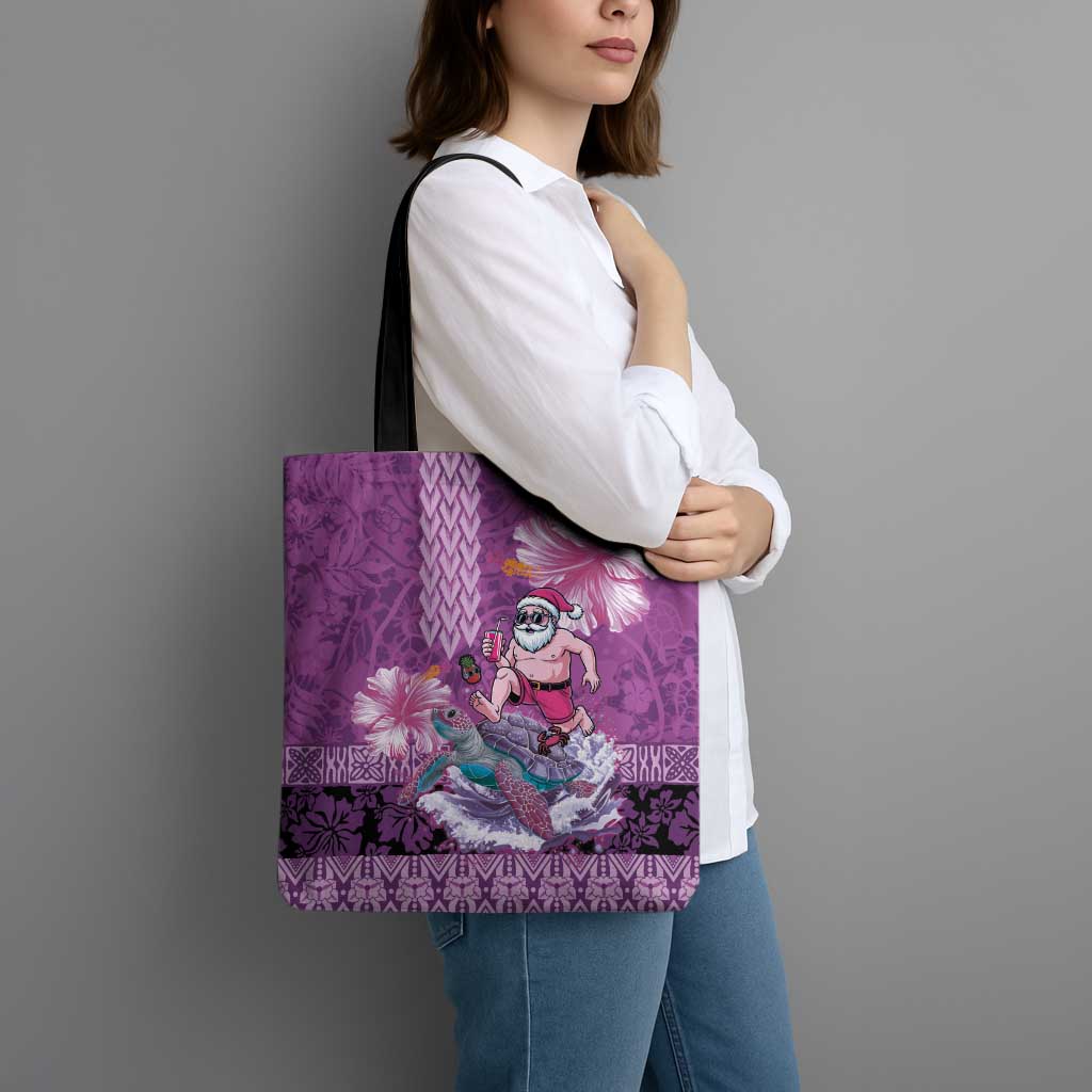 Hawaii Mele Kalikimaka Tote Bag Funny Santa with Tribal Tattoos Kakau Purple Color - Polynesian Pride