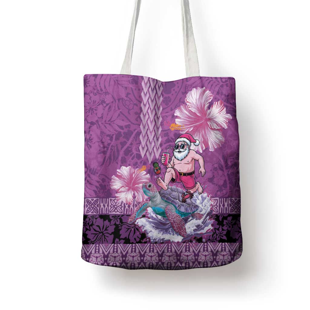 Hawaii Mele Kalikimaka Tote Bag Funny Santa with Tribal Tattoos Kakau Purple Color - Polynesian Pride
