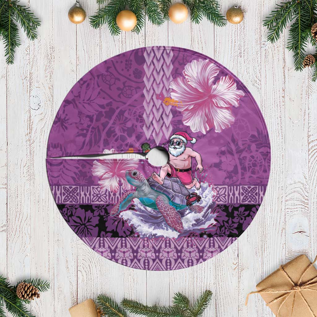 Hawaii Mele Kalikimaka Tree Skirt Funny Santa with Tribal Tattoos Kakau Purple Color - Polynesian Pride