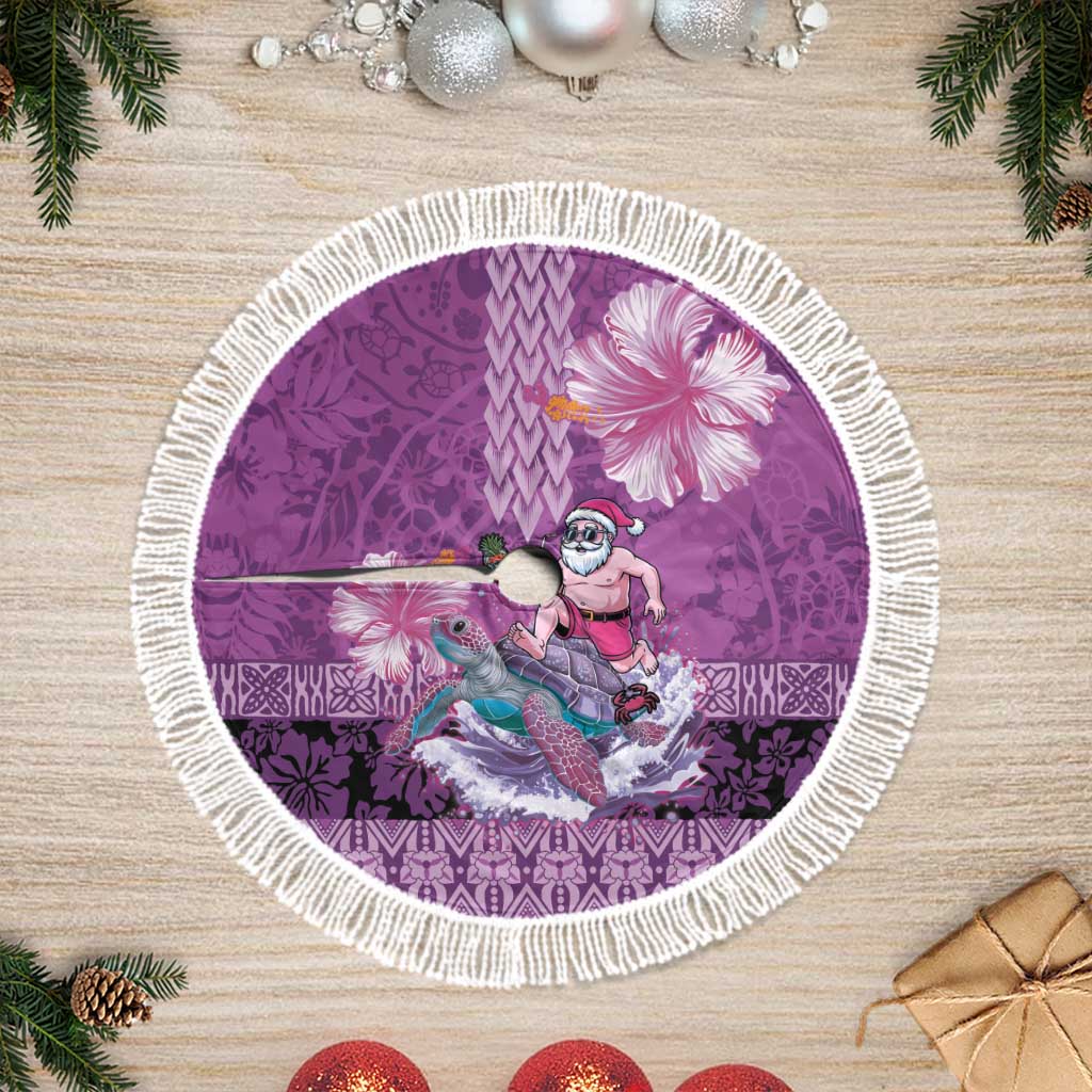 Hawaii Mele Kalikimaka Tree Skirt Funny Santa with Tribal Tattoos Kakau Purple Color - Polynesian Pride
