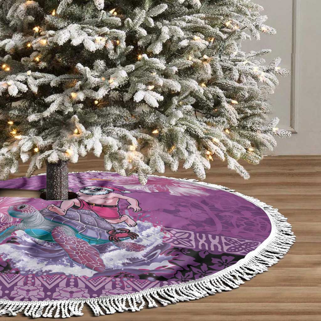 Hawaii Mele Kalikimaka Tree Skirt Funny Santa with Tribal Tattoos Kakau Purple Color - Polynesian Pride