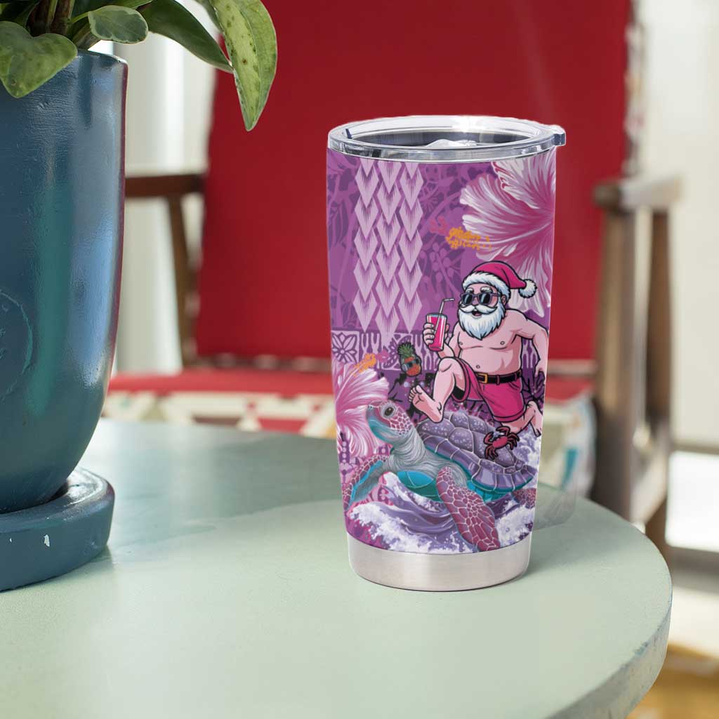 Hawaii Mele Kalikimaka Tumbler Cup Funny Santa with Tribal Tattoos Kakau Purple Color - Polynesian Pride