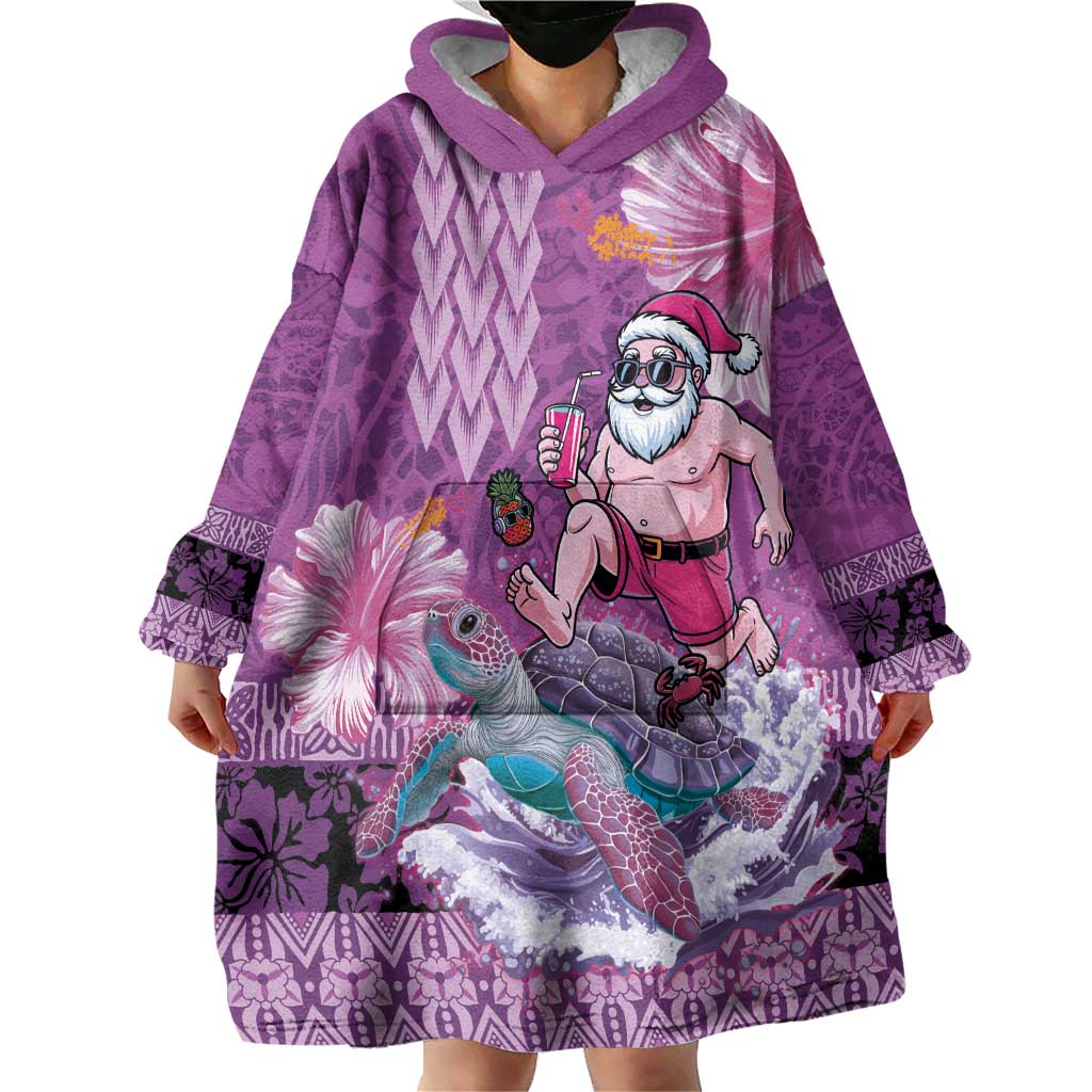 Hawaii Mele Kalikimaka Wearable Blanket Hoodie Funny Santa with Tribal Tattoos Kakau Purple Color - Polynesian Pride