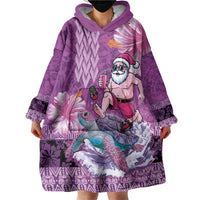 Hawaii Mele Kalikimaka Wearable Blanket Hoodie Funny Santa with Tribal Tattoos Kakau Purple Color - Polynesian Pride