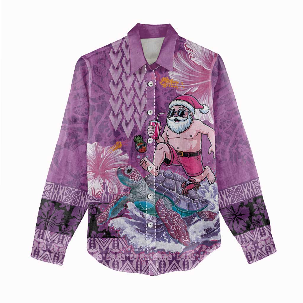 Hawaii Mele Kalikimaka Women Casual Shirt Funny Santa with Tribal Tattoos Kakau Purple Color - Polynesian Pride