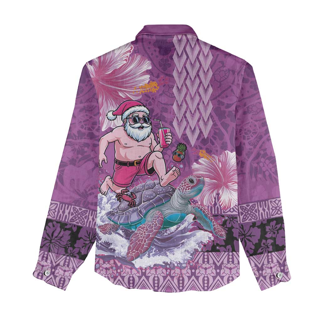 Hawaii Mele Kalikimaka Women Casual Shirt Funny Santa with Tribal Tattoos Kakau Purple Color - Polynesian Pride
