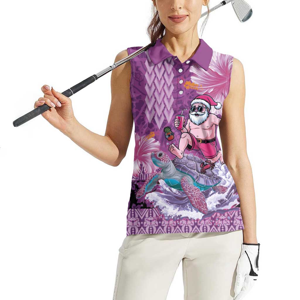 Hawaii Mele Kalikimaka Women Sleeveless Polo Shirt Funny Santa with Tribal Tattoos Kakau Purple Color - Polynesian Pride