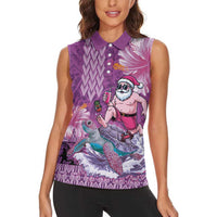 Hawaii Mele Kalikimaka Women Sleeveless Polo Shirt Funny Santa with Tribal Tattoos Kakau Purple Color - Polynesian Pride