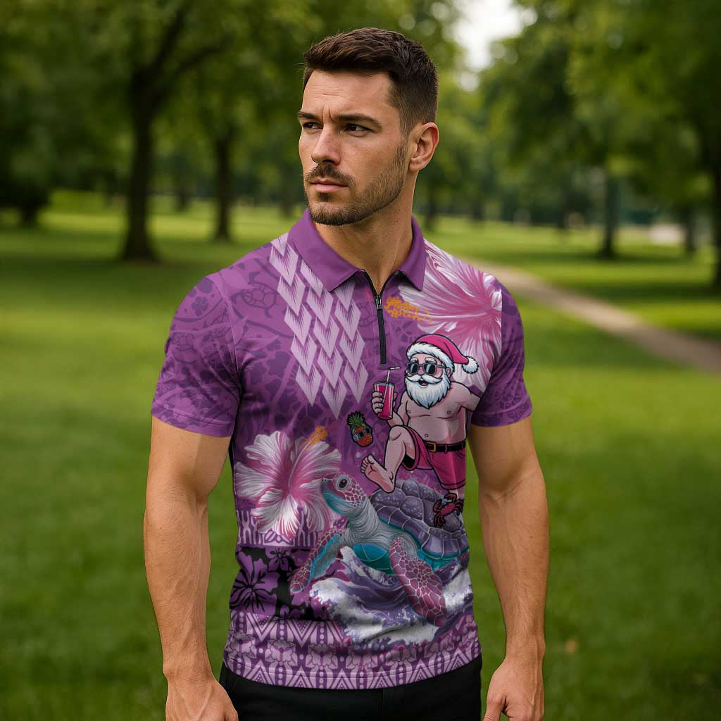 Hawaii Mele Kalikimaka Zipper Polo Shirt Funny Santa with Tribal Tattoos Kakau Purple Color - Polynesian Pride