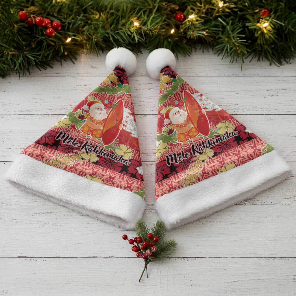 Hawaii Santa Mele Kalikimaka Christmas Santa Hat Tropical Puakenikeni Lei with Polynesian Tribal Pattern - Polynesian Pride