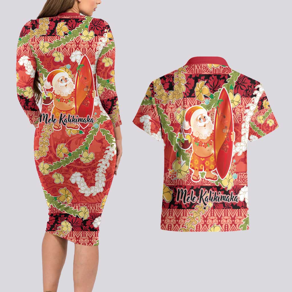 Hawaii Santa Mele Kalikimaka Couples Matching Long Sleeve Bodycon Dress and Hawaiian Shirt Tropical Puakenikeni Lei with Polynesian Tribal Pattern - Polynesian Pride