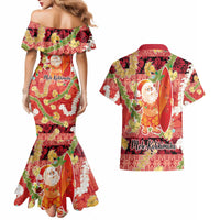 Hawaii Santa Mele Kalikimaka Couples Matching Mermaid Dress and Hawaiian Shirt Tropical Puakenikeni Lei with Polynesian Tribal Pattern - Polynesian Pride