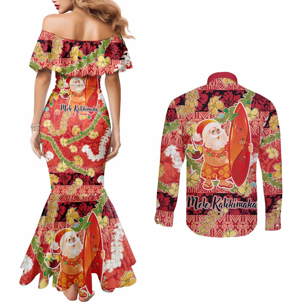 Hawaii Santa Mele Kalikimaka Couples Matching Mermaid Dress and Long Sleeve Button Shirt Tropical Puakenikeni Lei with Polynesian Tribal Pattern - Polynesian Pride