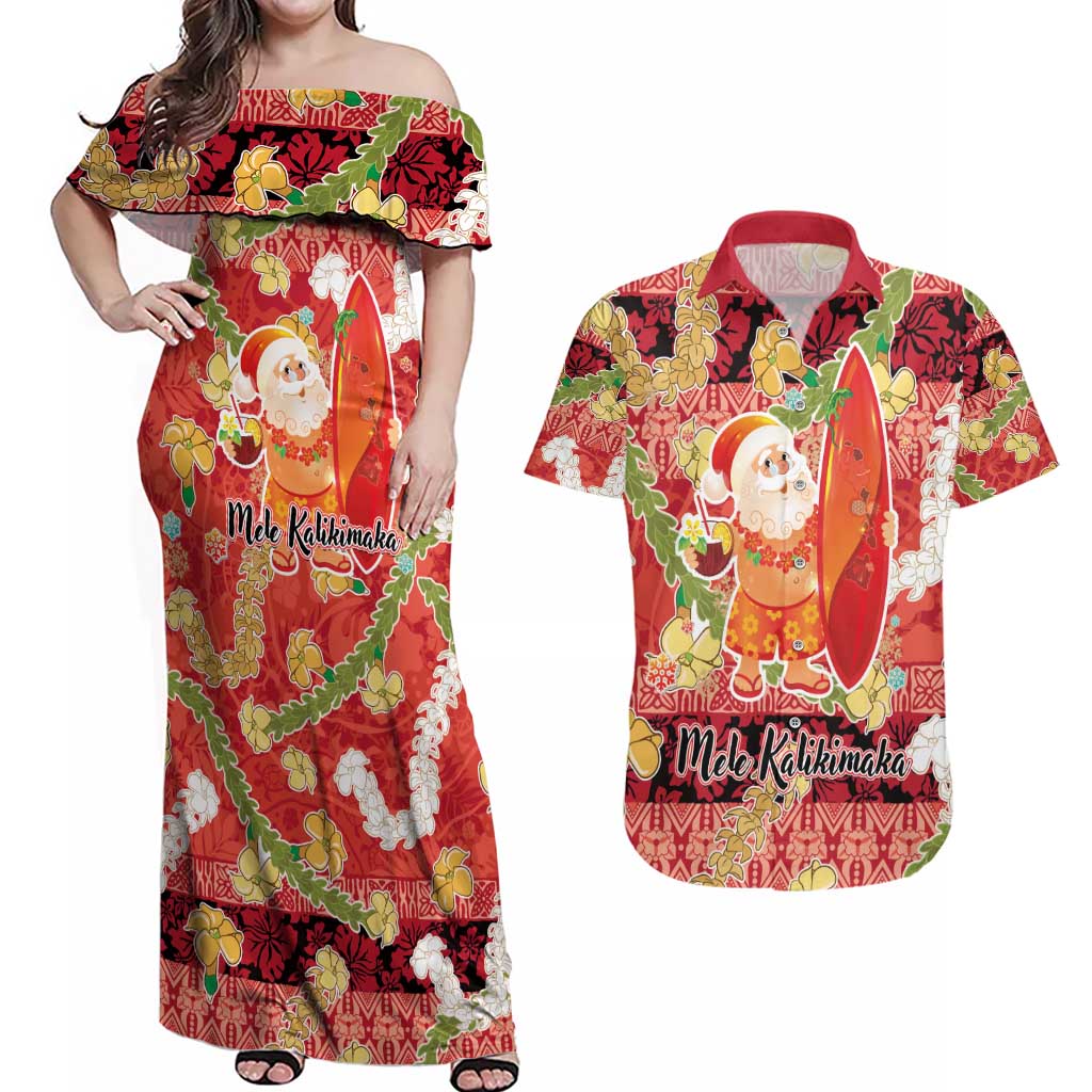 Hawaii Santa Mele Kalikimaka Couples Matching Off Shoulder Maxi Dress and Hawaiian Shirt Tropical Puakenikeni Lei with Polynesian Tribal Pattern - Polynesian Pride