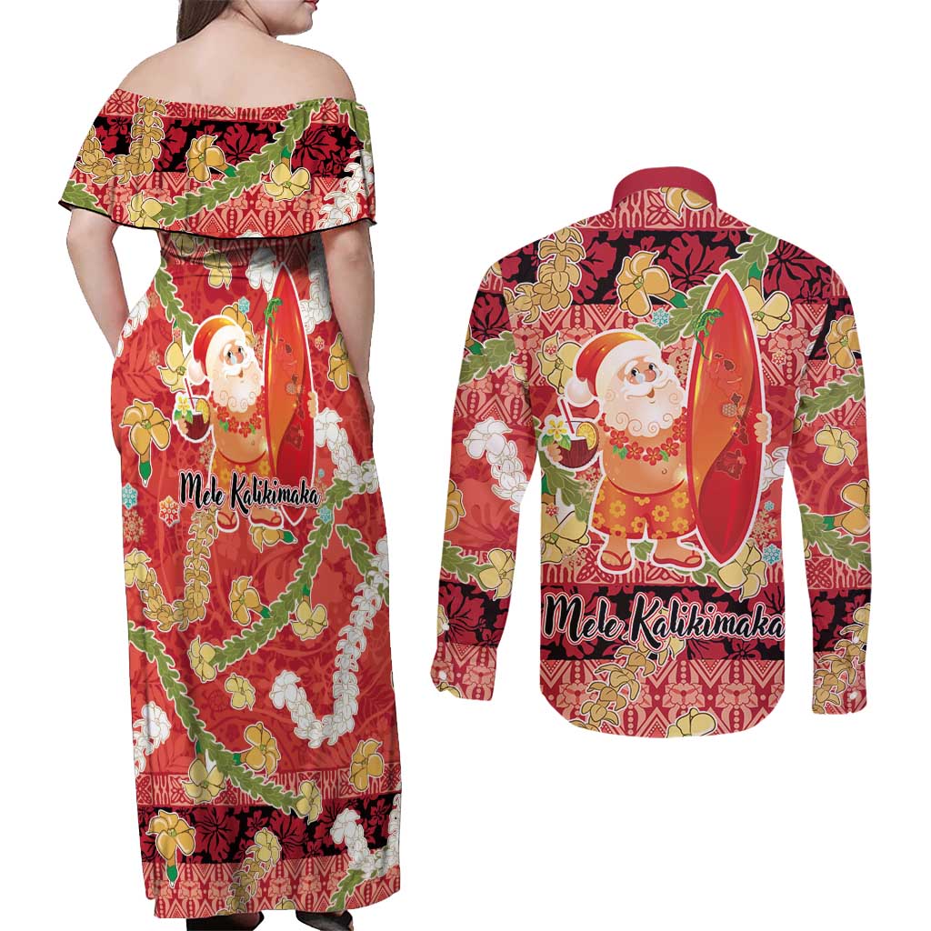 Hawaii Santa Mele Kalikimaka Couples Matching Off Shoulder Maxi Dress and Long Sleeve Button Shirt Tropical Puakenikeni Lei with Polynesian Tribal Pattern - Polynesian Pride
