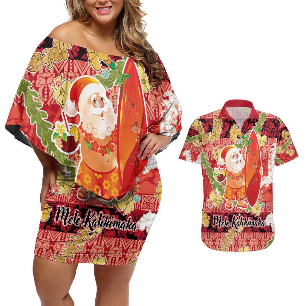 Hawaii Santa Mele Kalikimaka Couples Matching Off Shoulder Short Dress and Hawaiian Shirt Tropical Puakenikeni Lei with Polynesian Tribal Pattern - Polynesian Pride