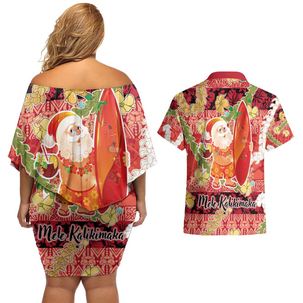 Hawaii Santa Mele Kalikimaka Couples Matching Off Shoulder Short Dress and Hawaiian Shirt Tropical Puakenikeni Lei with Polynesian Tribal Pattern - Polynesian Pride