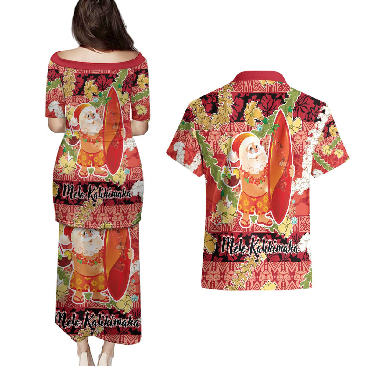 Hawaii Santa Mele Kalikimaka Couples Matching Puletasi and Hawaiian Shirt Tropical Puakenikeni Lei with Polynesian Tribal Pattern - Polynesian Pride