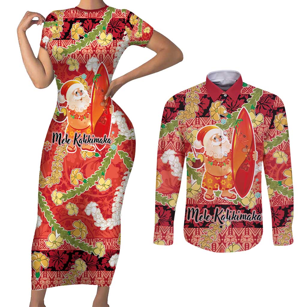 Hawaii Santa Mele Kalikimaka Couples Matching Short Sleeve Bodycon Dress and Long Sleeve Button Shirt Tropical Puakenikeni Lei with Polynesian Tribal Pattern - Polynesian Pride