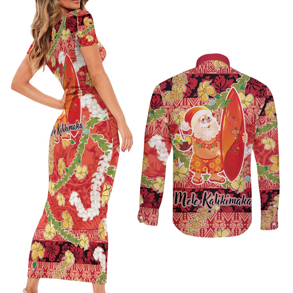 Hawaii Santa Mele Kalikimaka Couples Matching Short Sleeve Bodycon Dress and Long Sleeve Button Shirt Tropical Puakenikeni Lei with Polynesian Tribal Pattern - Polynesian Pride