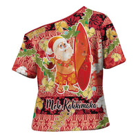 Hawaii Santa Mele Kalikimaka Cross Shoulder Shirt Tropical Puakenikeni Lei with Polynesian Tribal Pattern - Polynesian Pride