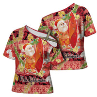 Hawaii Santa Mele Kalikimaka Cross Shoulder Shirt Tropical Puakenikeni Lei with Polynesian Tribal Pattern - Polynesian Pride