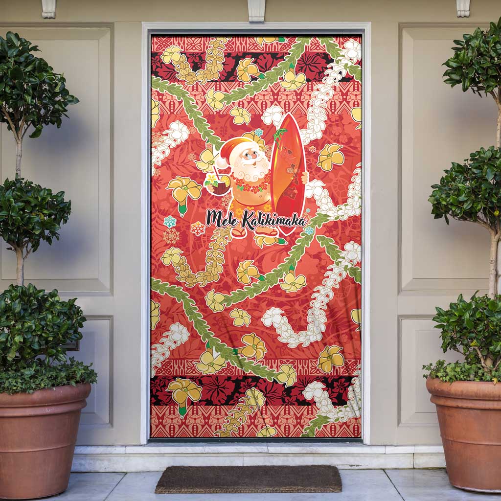 Hawaii Santa Mele Kalikimaka Door Cover Tropical Puakenikeni Lei with Polynesian Tribal Pattern - Polynesian Pride