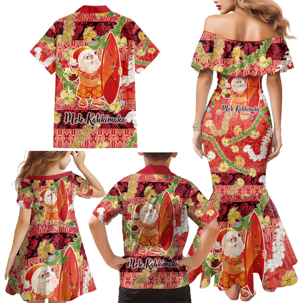 Hawaii Santa Mele Kalikimaka Family Matching Mermaid Dress and Hawaiian Shirt Tropical Puakenikeni Lei with Polynesian Tribal Pattern - Polynesian Pride