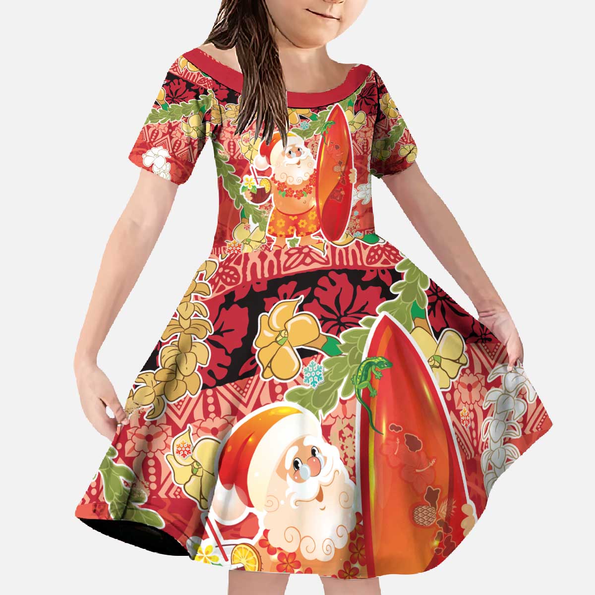 Hawaii Santa Mele Kalikimaka Family Matching Off The Shoulder Long Sleeve Dress and Hawaiian Shirt Tropical Puakenikeni Lei with Polynesian Tribal Pattern - Polynesian Pride