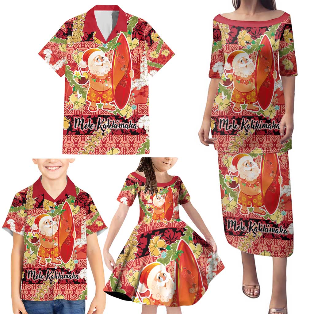 Hawaii Santa Mele Kalikimaka Family Matching Puletasi and Hawaiian Shirt Tropical Puakenikeni Lei with Polynesian Tribal Pattern - Polynesian Pride