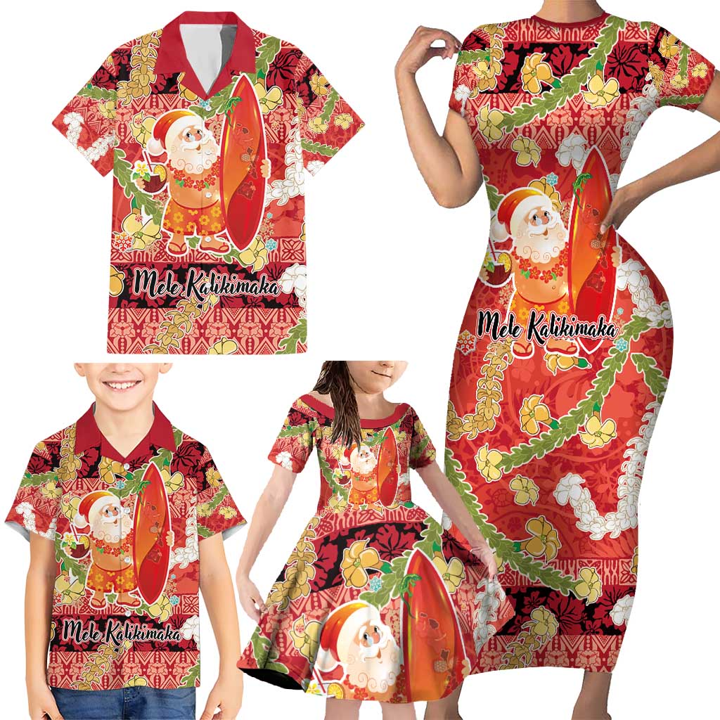 Hawaii Santa Mele Kalikimaka Family Matching Short Sleeve Bodycon Dress and Hawaiian Shirt Tropical Puakenikeni Lei with Polynesian Tribal Pattern - Polynesian Pride