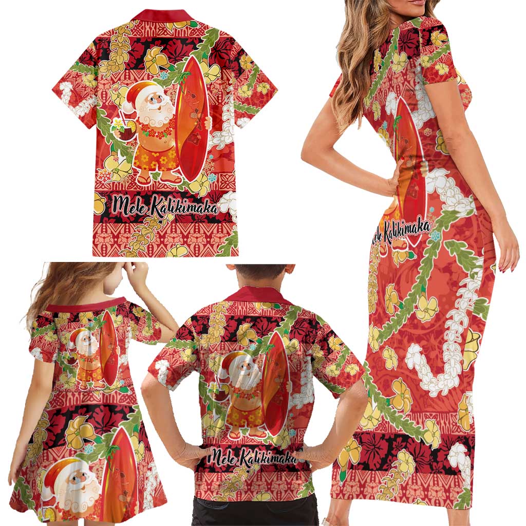 Hawaii Santa Mele Kalikimaka Family Matching Short Sleeve Bodycon Dress and Hawaiian Shirt Tropical Puakenikeni Lei with Polynesian Tribal Pattern - Polynesian Pride