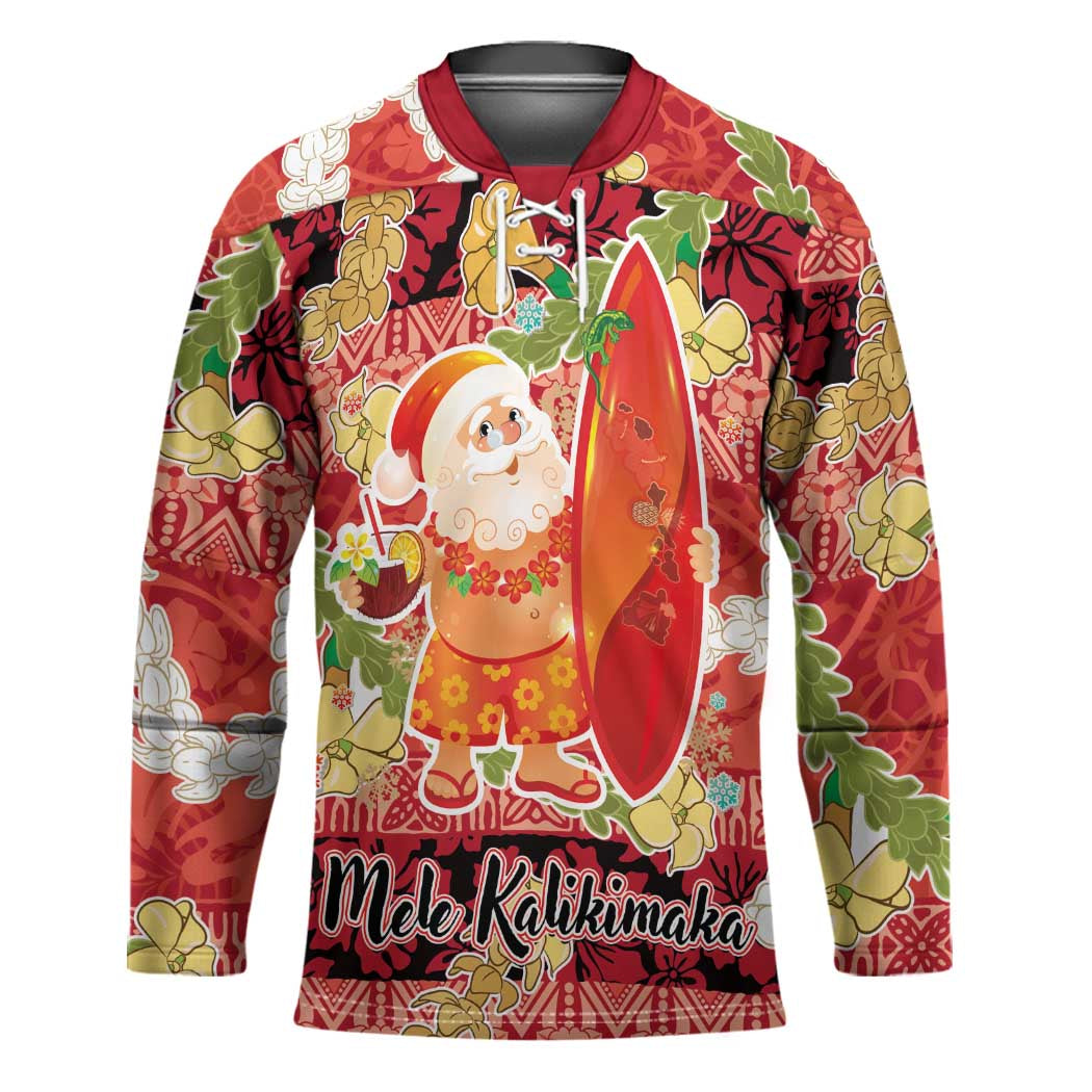 Hawaii Santa Mele Kalikimaka Hockey Jersey Tropical Puakenikeni Lei with Polynesian Tribal Pattern - Polynesian Pride