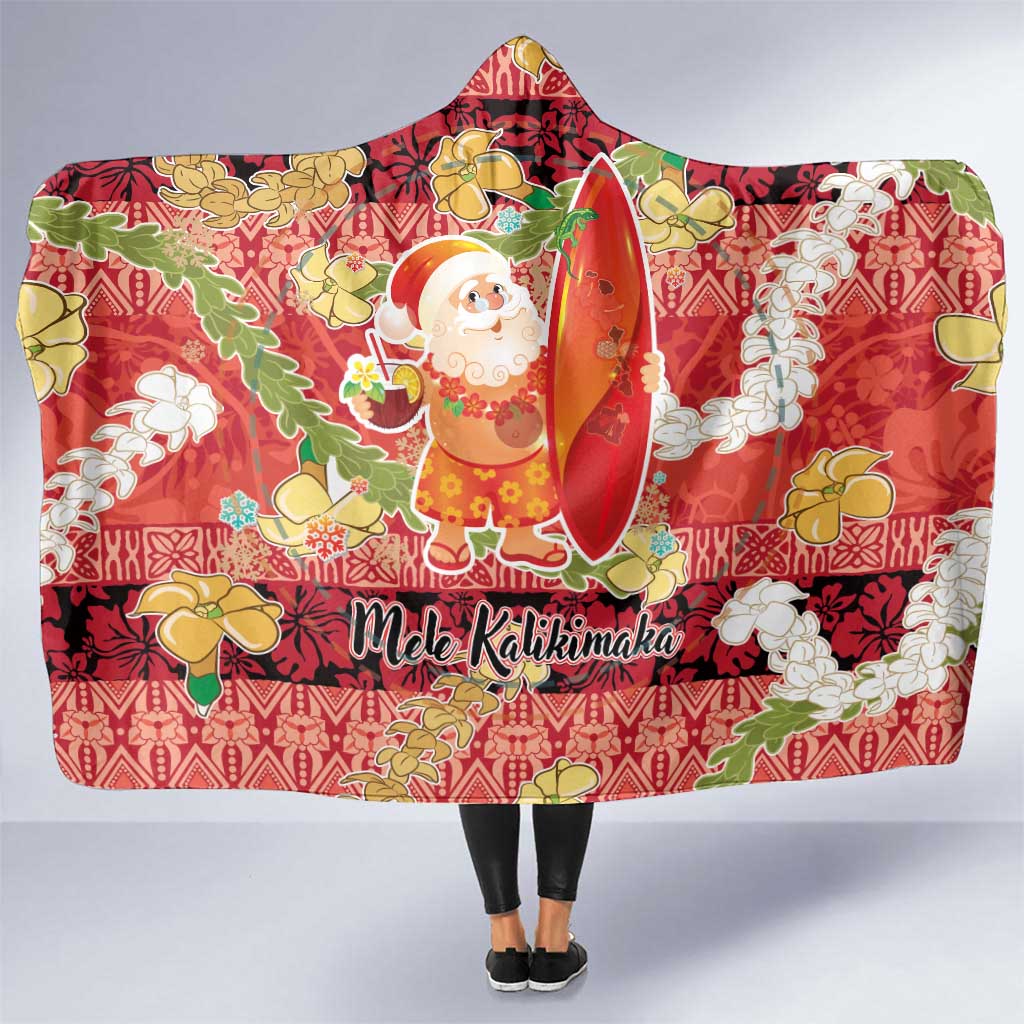 Hawaii Santa Mele Kalikimaka Hooded Blanket Tropical Puakenikeni Lei with Polynesian Tribal Pattern - Polynesian Pride