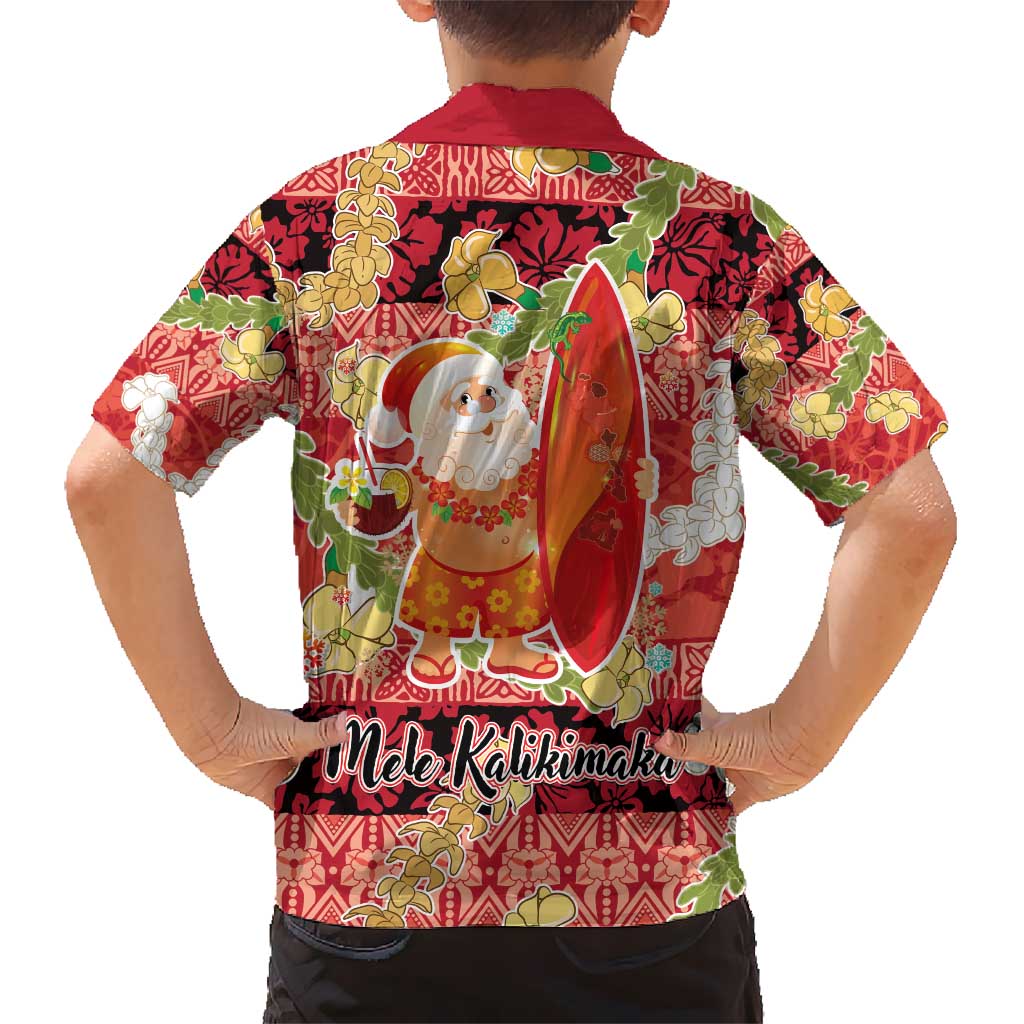 Hawaii Santa Mele Kalikimaka Kid Hawaiian Shirt Tropical Puakenikeni Lei with Polynesian Tribal Pattern - Polynesian Pride