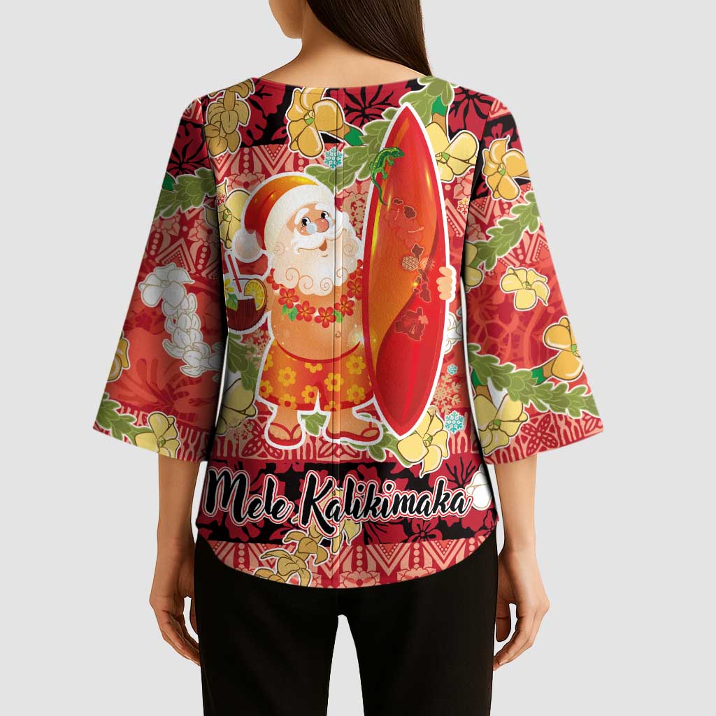 Hawaii Santa Mele Kalikimaka Kimono Sleeve Blouse Tropical Puakenikeni Lei with Polynesian Tribal Pattern - Polynesian Pride