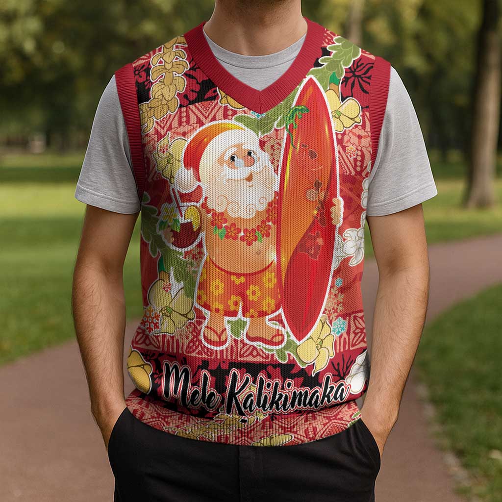 Hawaii Santa Mele Kalikimaka Christmas Knitted V-Neck Vest Tropical Puakenikeni Lei with Polynesian Tribal Pattern - Polynesian Pride