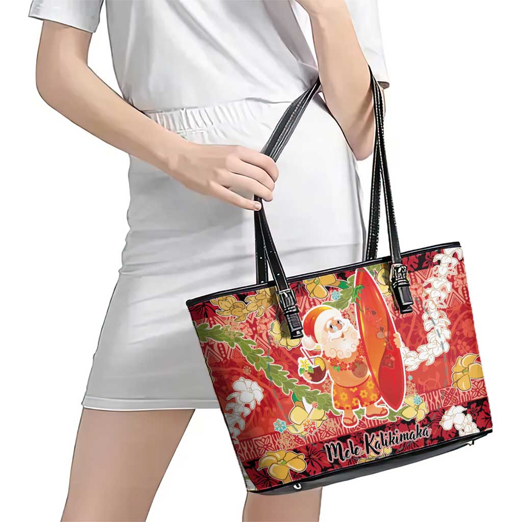 Hawaii Santa Mele Kalikimaka Leather Tote Bag Tropical Puakenikeni Lei with Polynesian Tribal Pattern - Polynesian Pride