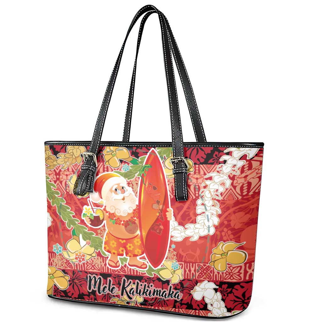 Hawaii Santa Mele Kalikimaka Leather Tote Bag Tropical Puakenikeni Lei with Polynesian Tribal Pattern - Polynesian Pride