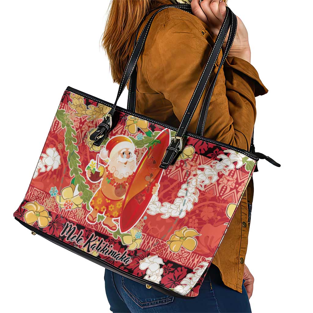 Hawaii Santa Mele Kalikimaka Leather Tote Bag Tropical Puakenikeni Lei with Polynesian Tribal Pattern - Polynesian Pride