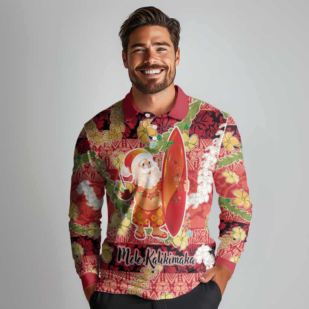 Hawaii Santa Mele Kalikimaka Long Sleeve Polo Shirt Tropical Puakenikeni Lei with Polynesian Tribal Pattern - Polynesian Pride