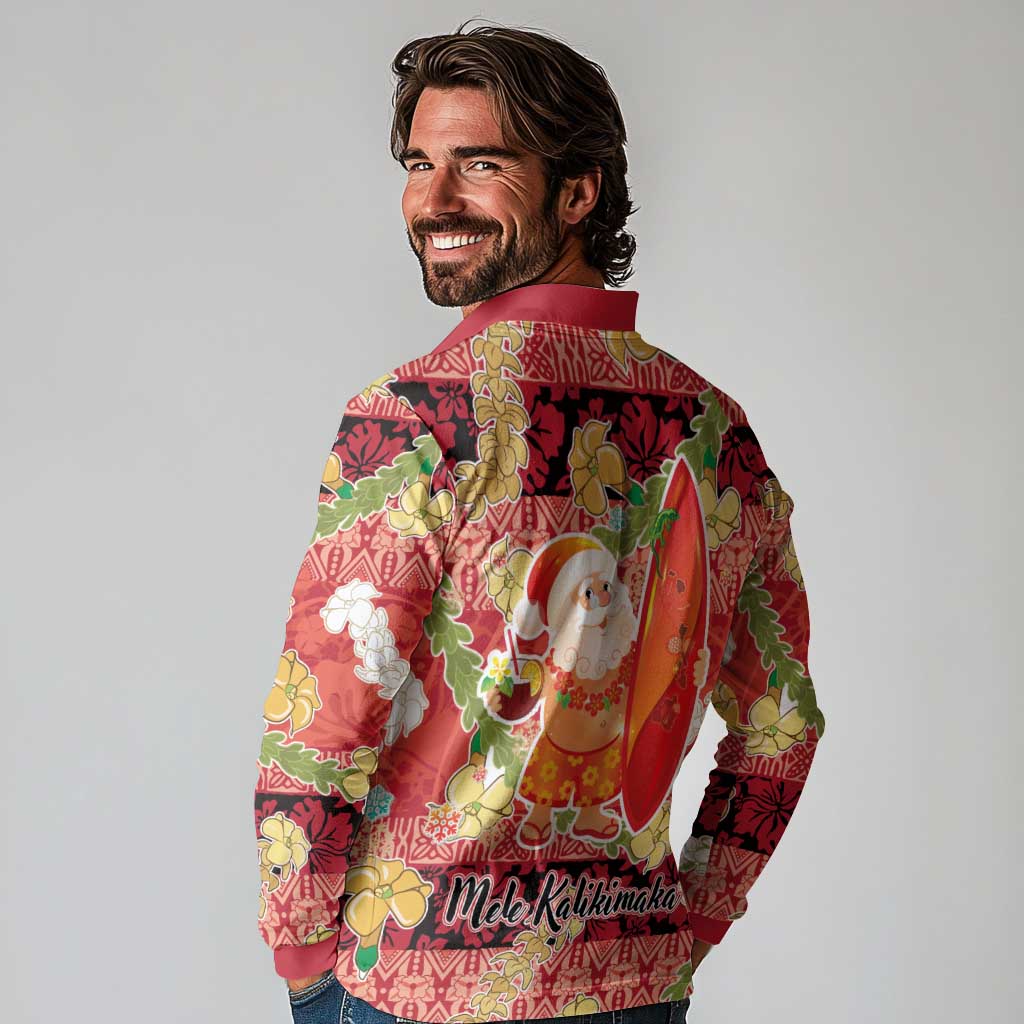 Hawaii Santa Mele Kalikimaka Long Sleeve Polo Shirt Tropical Puakenikeni Lei with Polynesian Tribal Pattern - Polynesian Pride