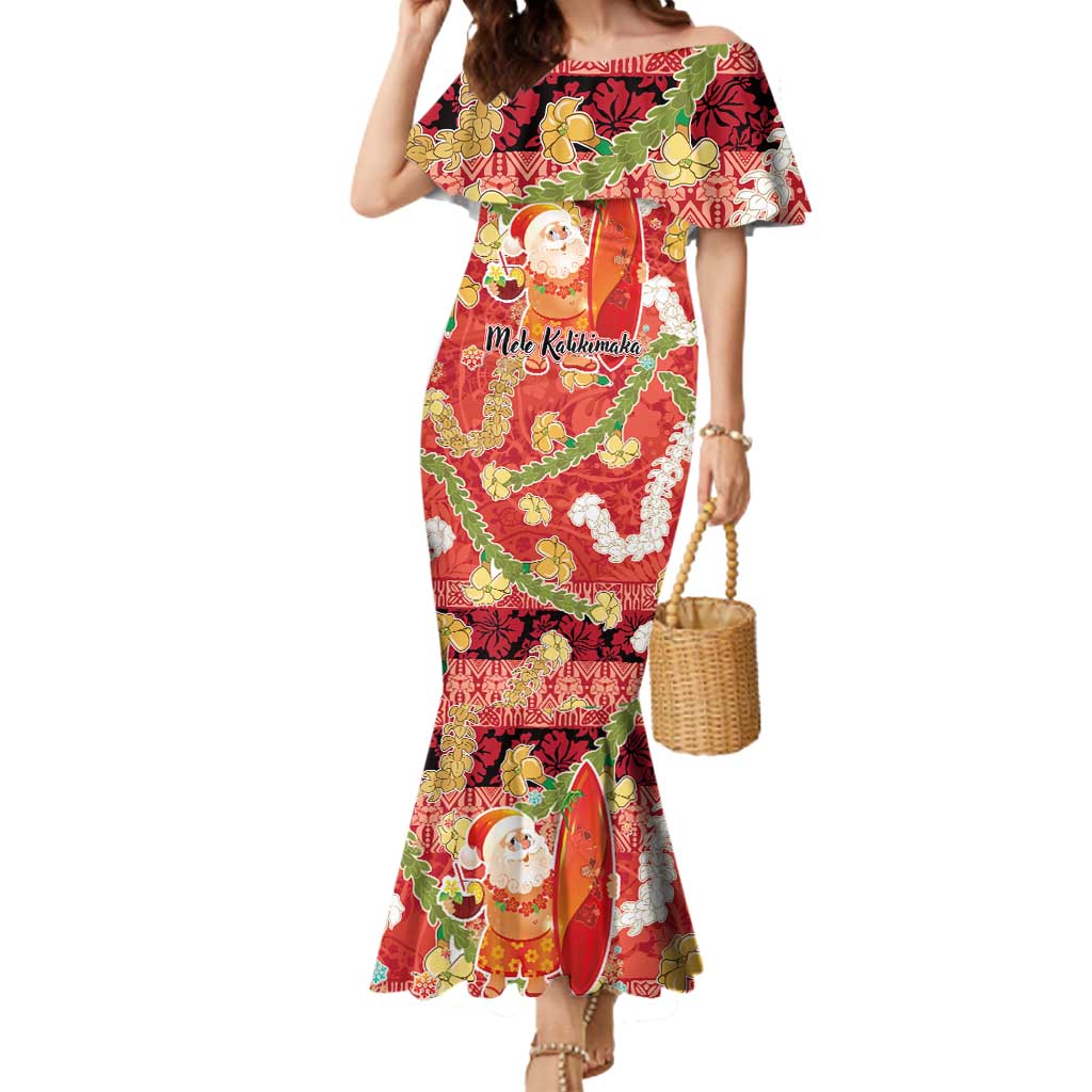 Hawaii Santa Mele Kalikimaka Mermaid Dress Tropical Puakenikeni Lei with Polynesian Tribal Pattern - Polynesian Pride